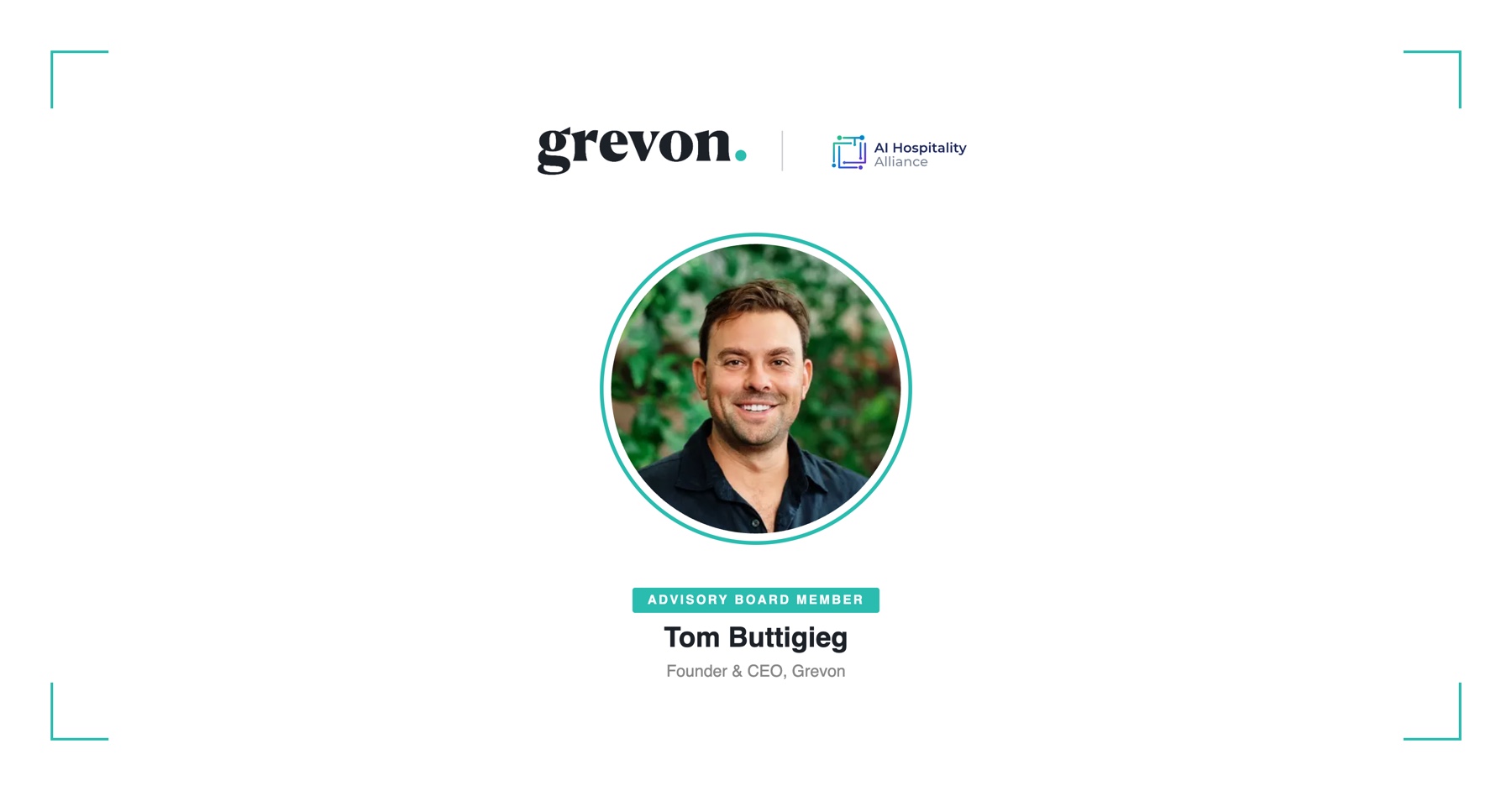Grevon and AI Hospitality Alliance founding-partner announcement, with Grevon founder and CEO Tom Buttigieg joining the AIHA Advisory Board