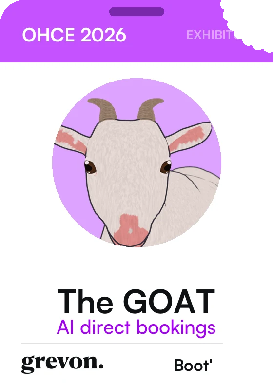 Exhibitor badge: The GOAT, AI direct bookings, Grevon, booth 647, with a bite out of it