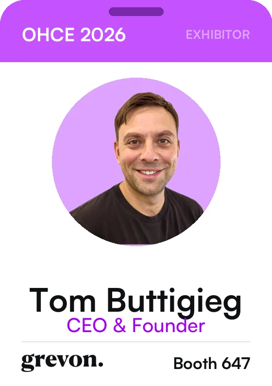 Exhibitor badge: Tom Buttigieg, CEO and Founder, Grevon, booth 647