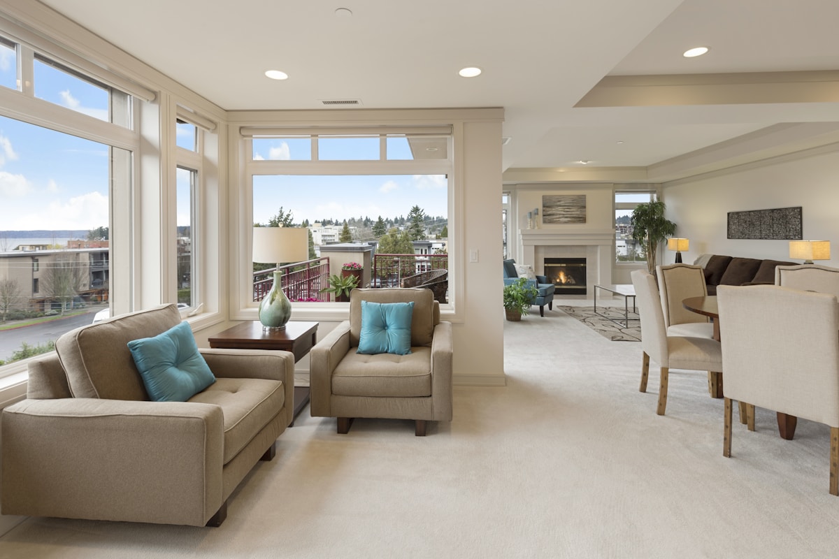 Modern serviced apartment interior with city views